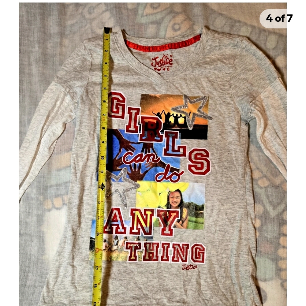 Justice Girls' Gray Long Sleeve Shirt with Red Accents, Sz 8